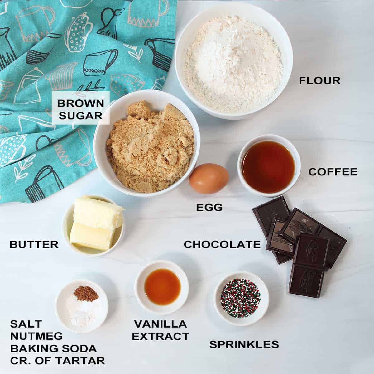 Ingredients for coffee cookie recipe.