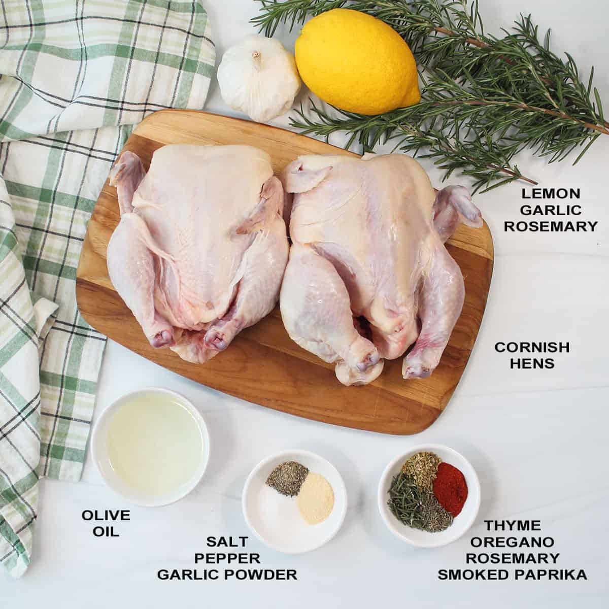 Ingredients for Cornish Hens in air fryer recipe.