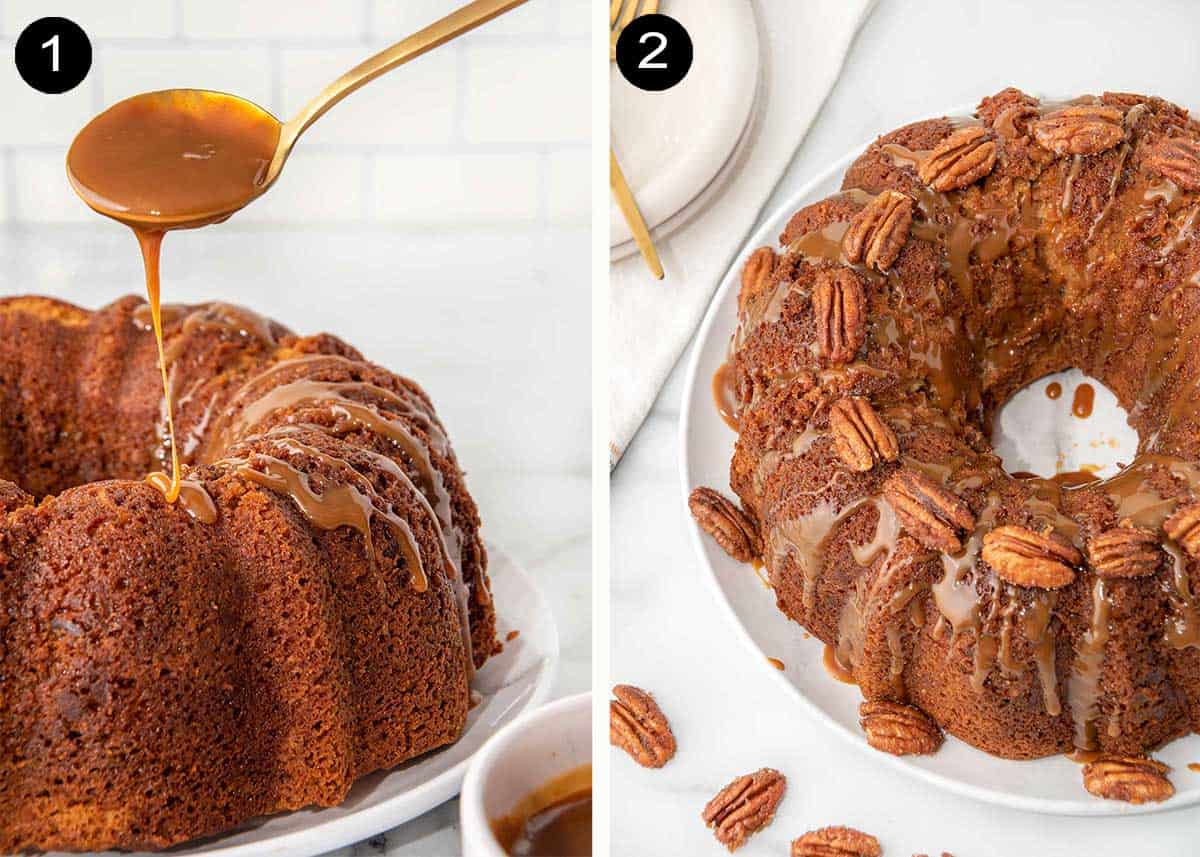 Finishing steps for pecan pound cake.