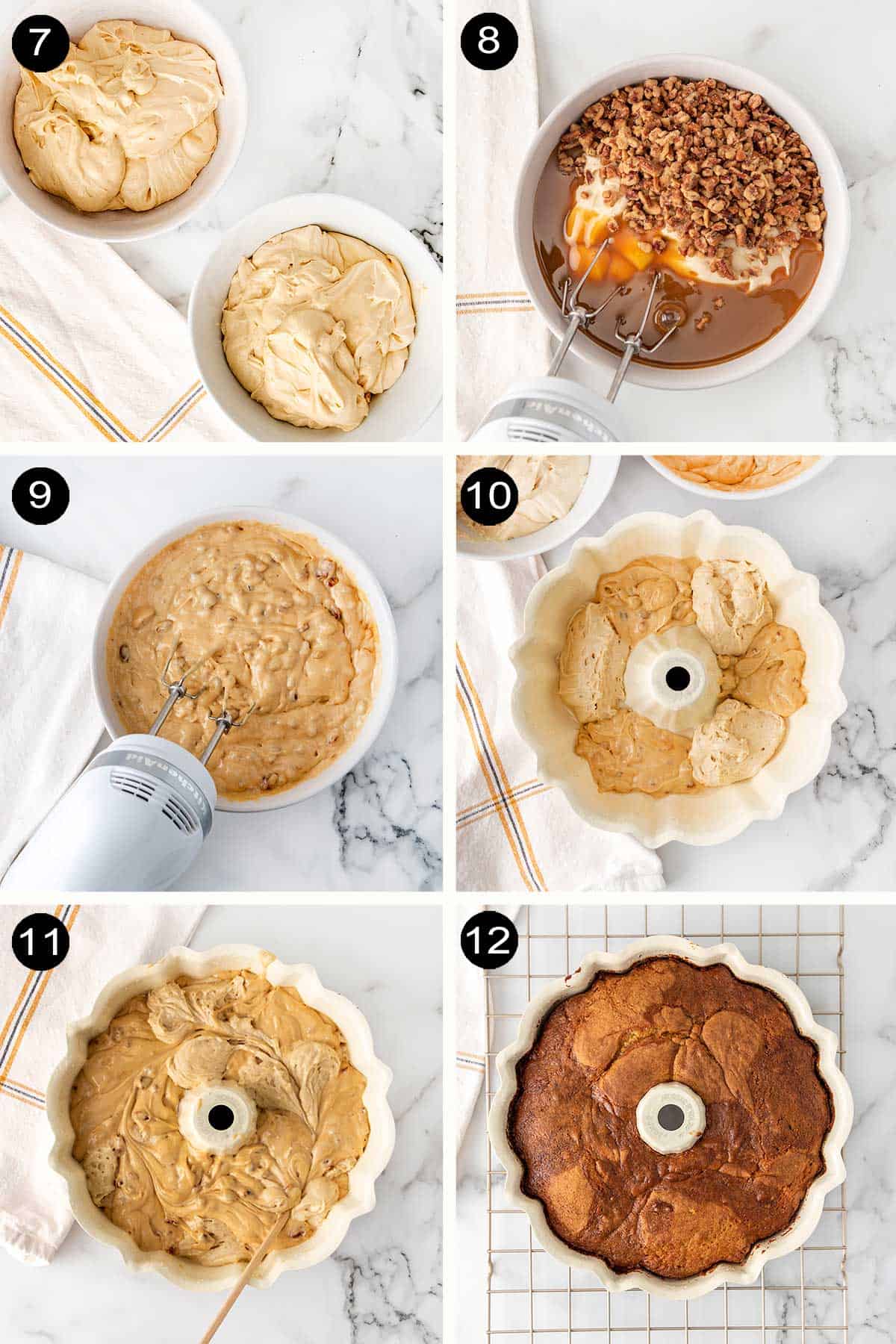 Assembling pecan pie bundt cake.