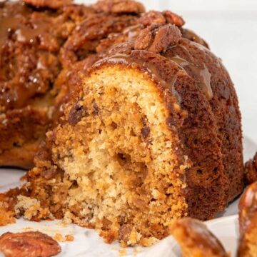 Slice butter pecan pound cake showing inside.