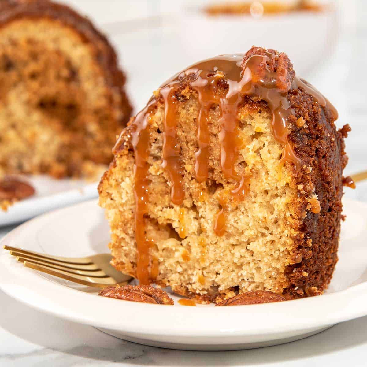 Pecan Pie Pound Cake with caramel drizzle.
