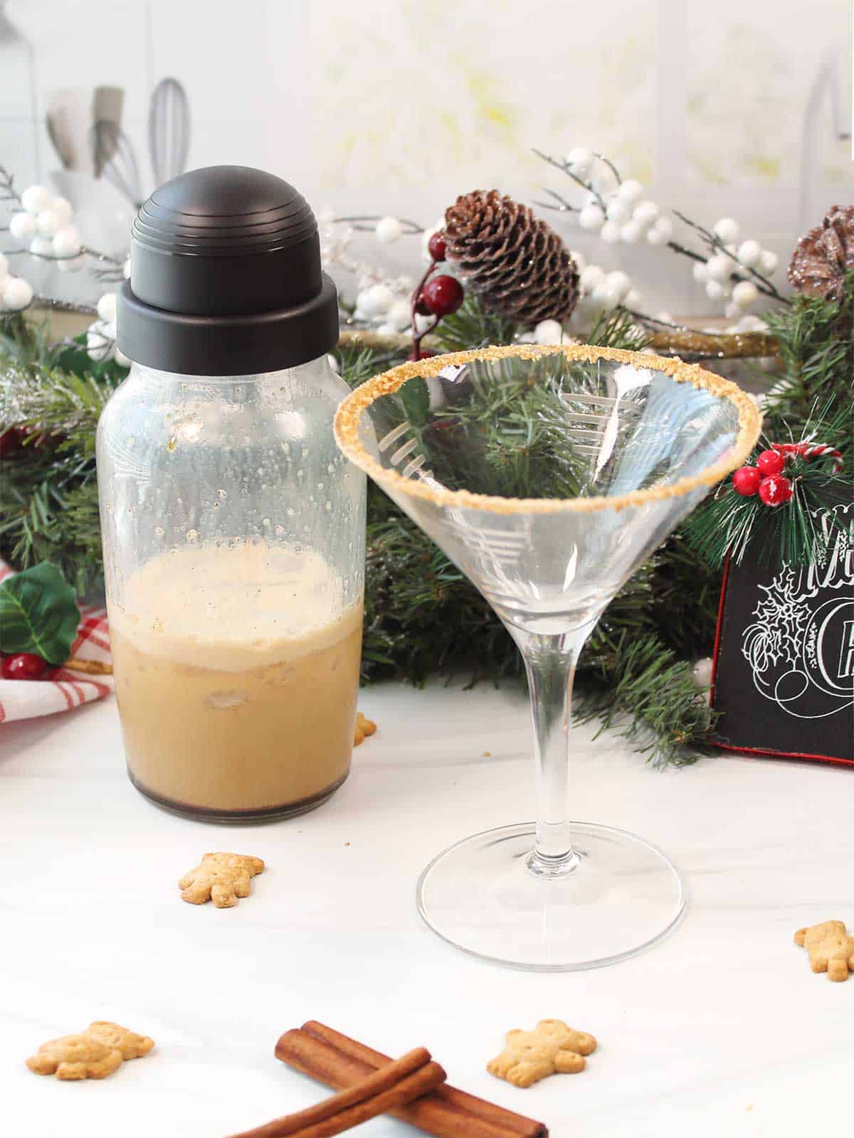 Shaken cocktail with graham cracker rimmed martini glass.