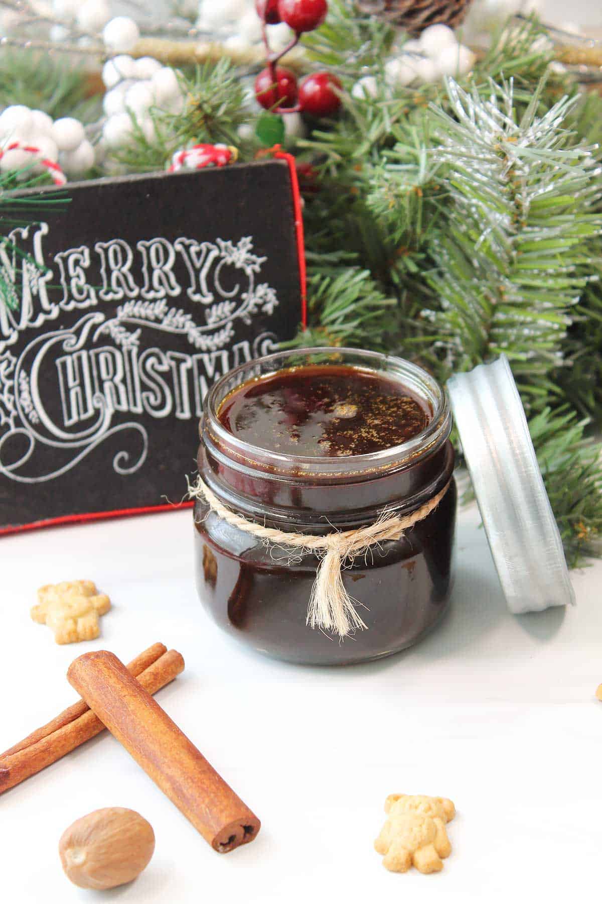 Gingerbread syrup in a jar ready for gift giving.