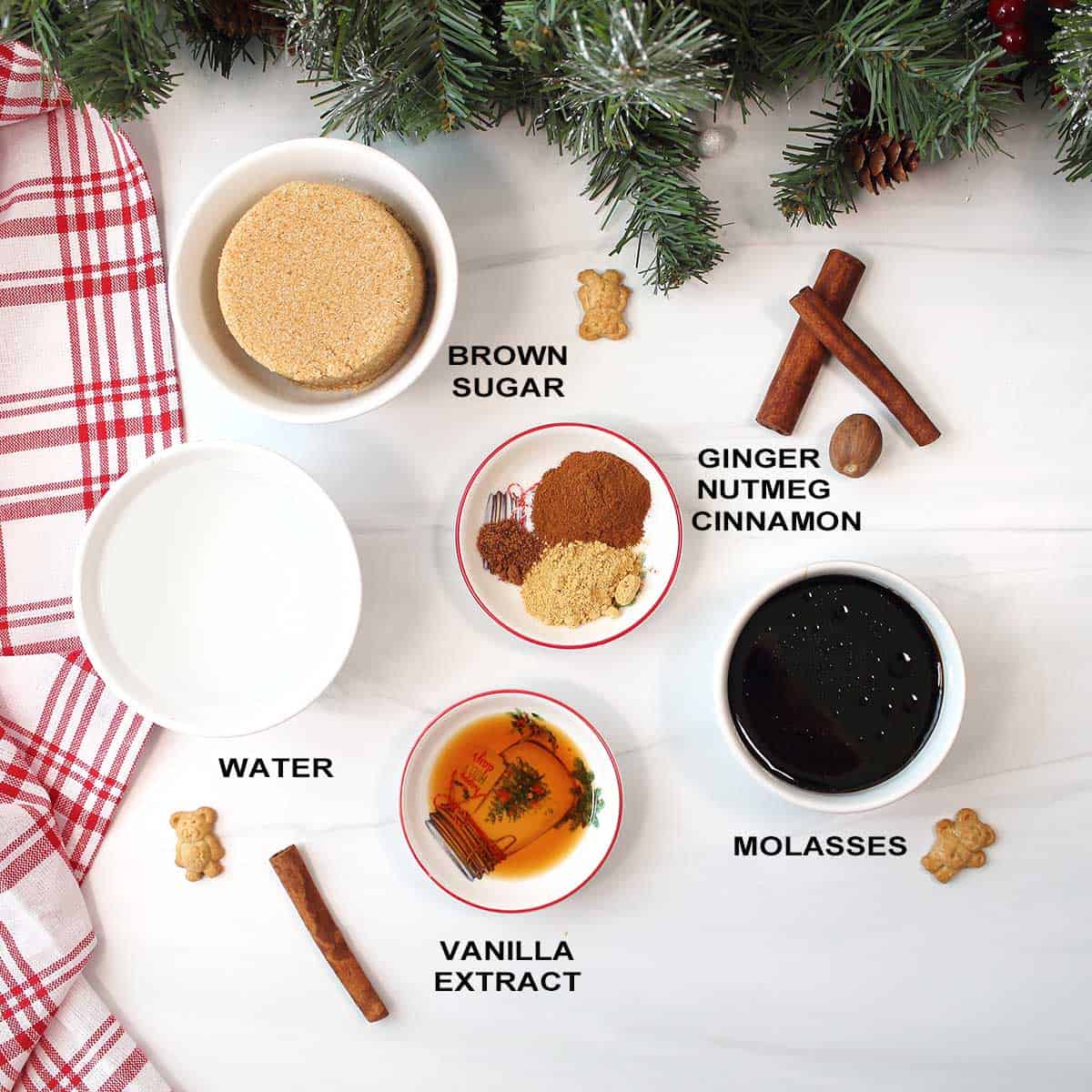 Ingredients for gingerbread syrup recipe.