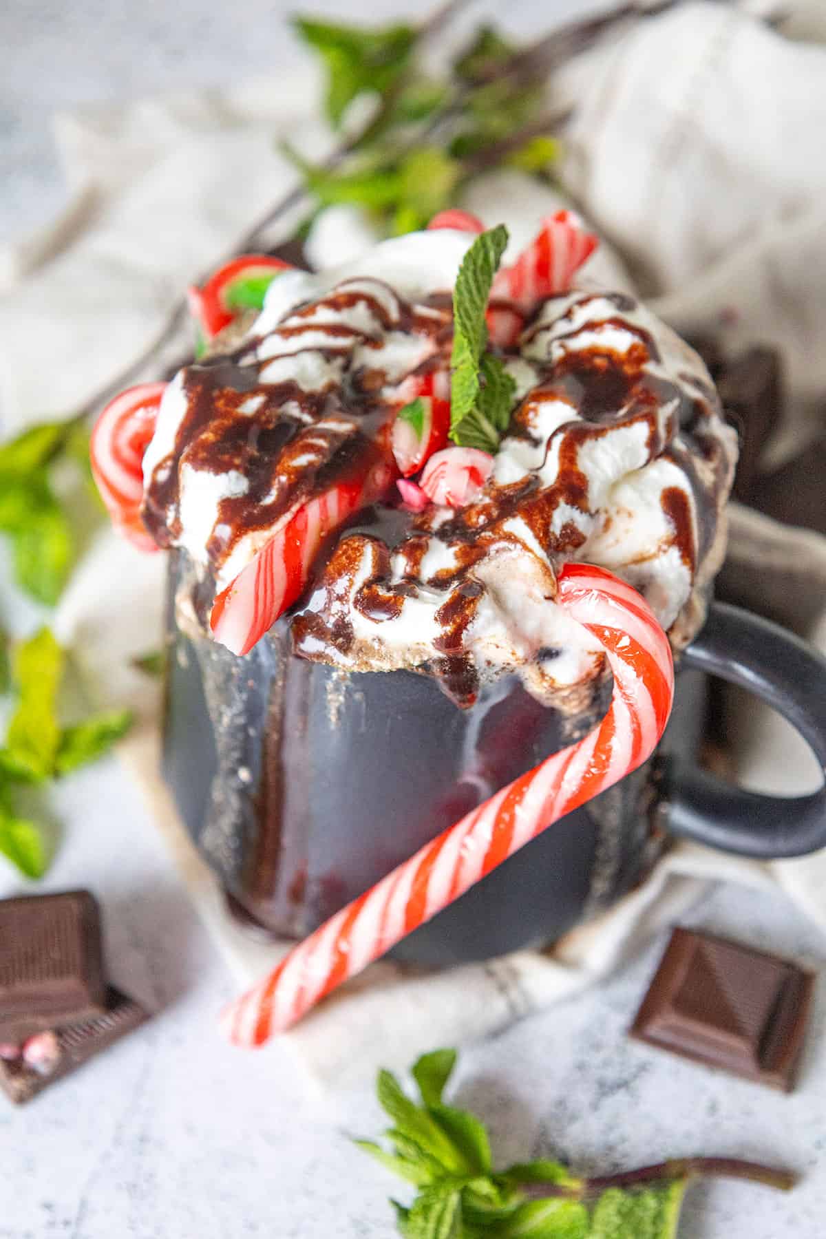 Peppermint Hot Chocolate in mug with candy cane.
