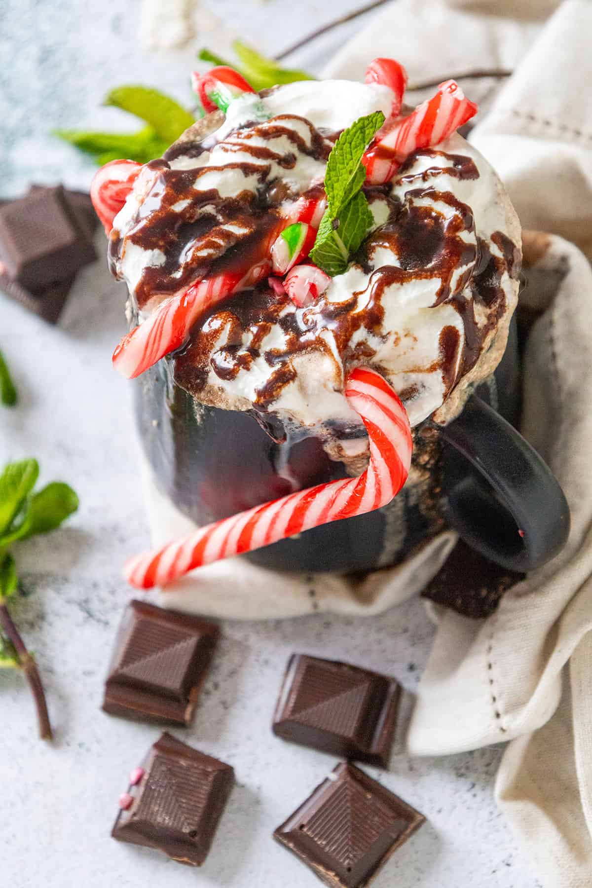 Hot chocolate with whipped cream, chocolate sauce, candy canes, and mint leaves.
