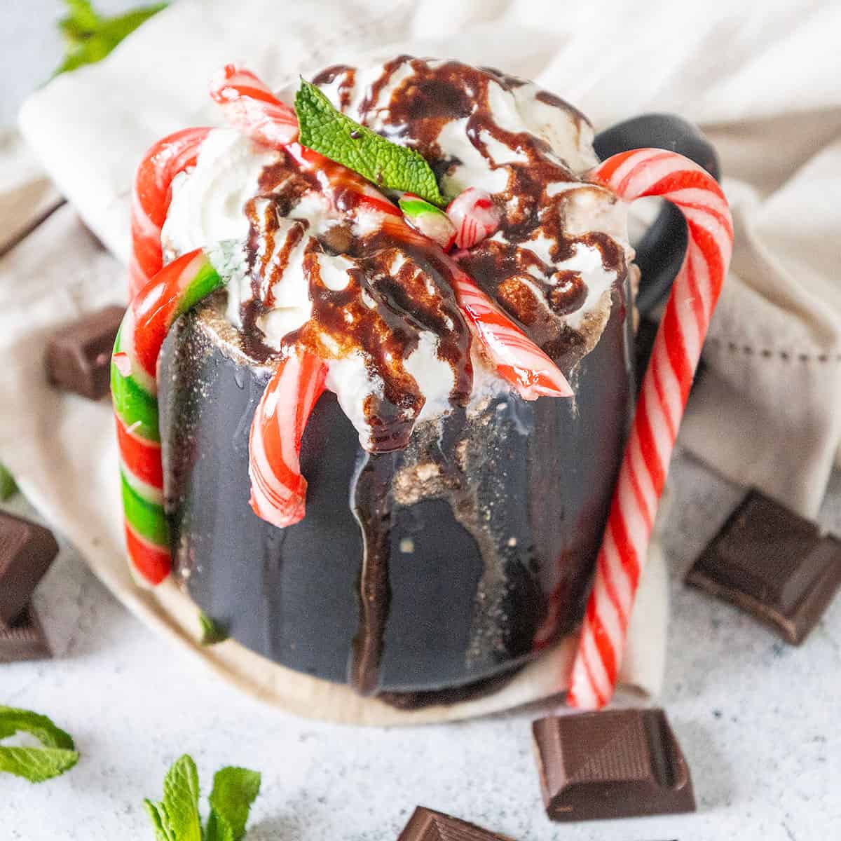 Garnished peppermint hot chocolate with whipped cream and candy canes.