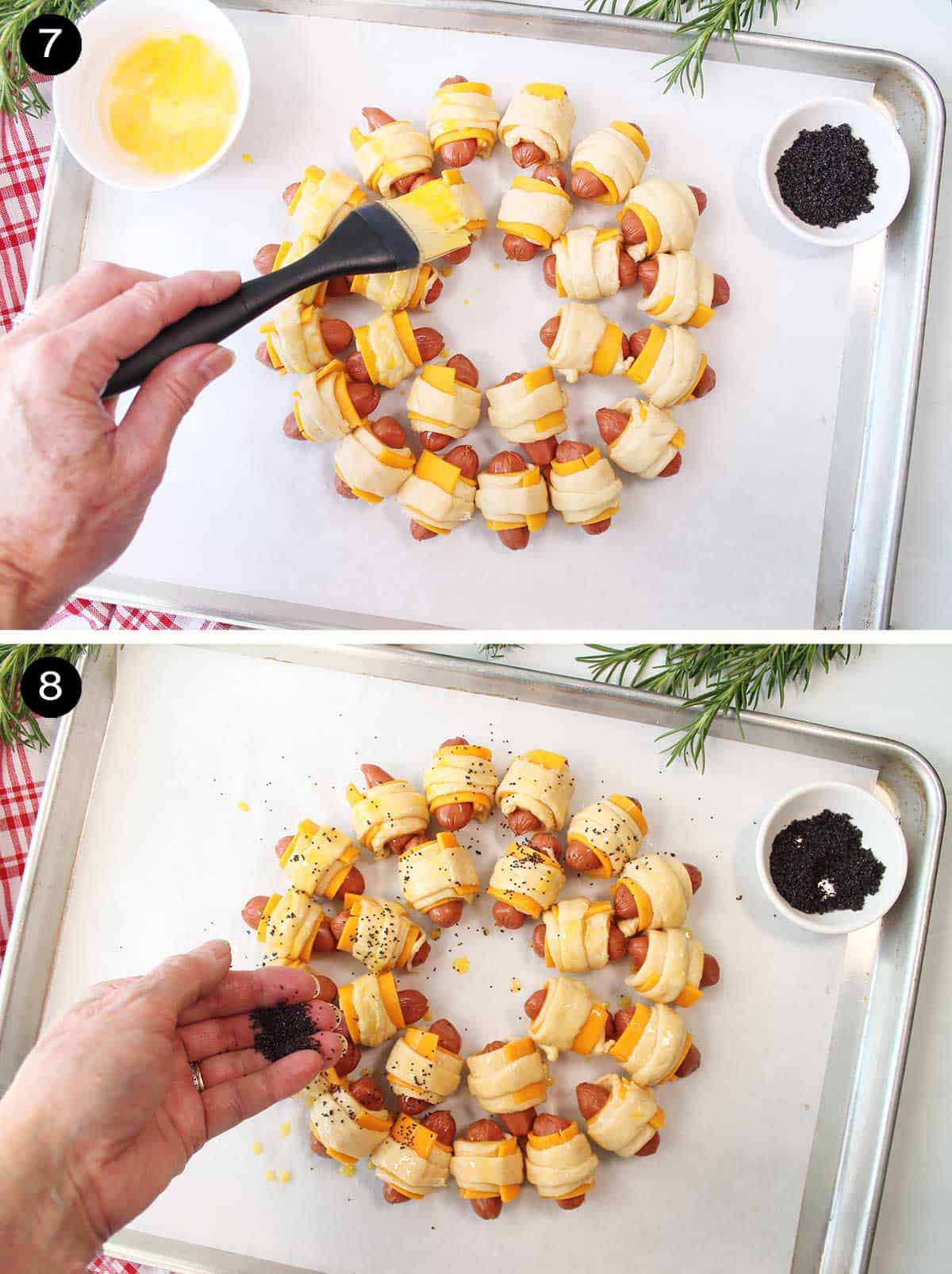 Finishing steps to assemble Christmas wreath appetizer.