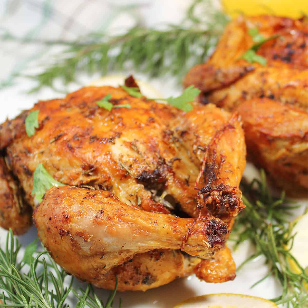 Closeup of air fryer Cornish hen.