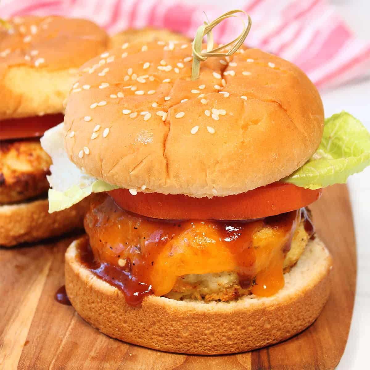 Air Fryer Chicken Burgers closeup.