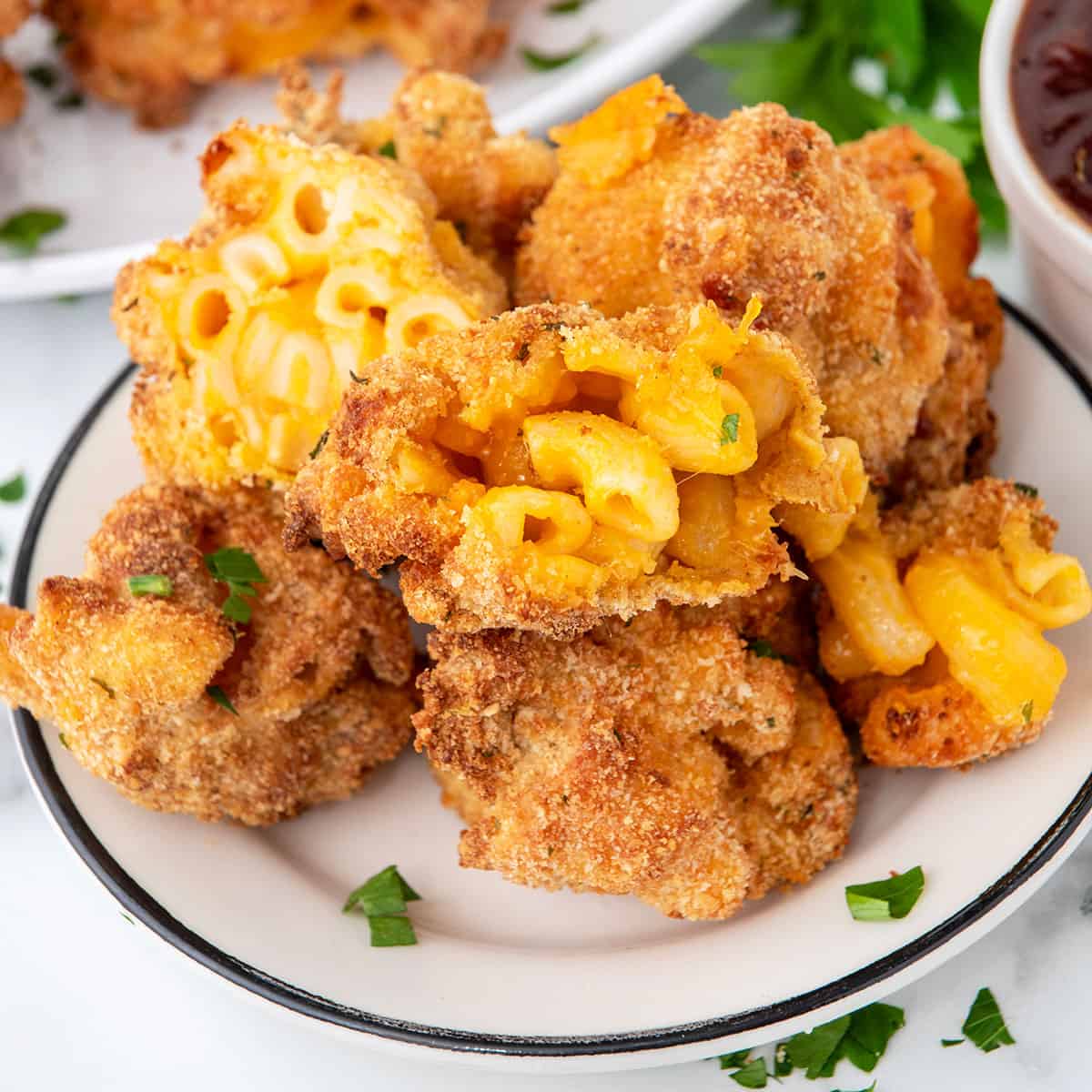 Closeup of inside of mac and cheese balls.