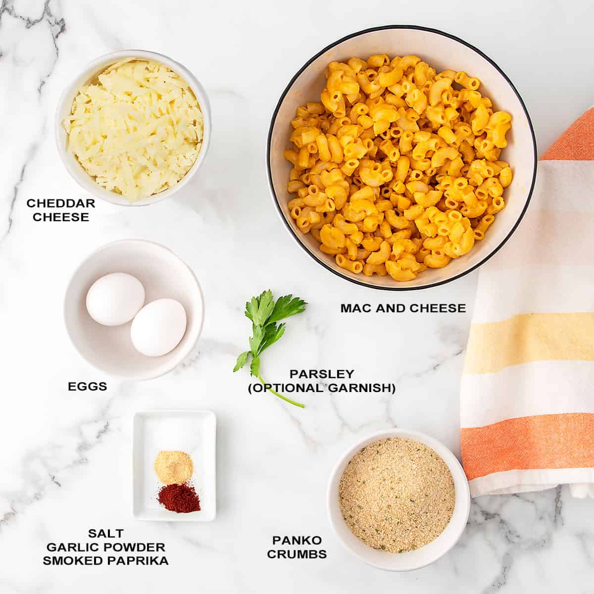 Ingredients for mac and cheese balls.
