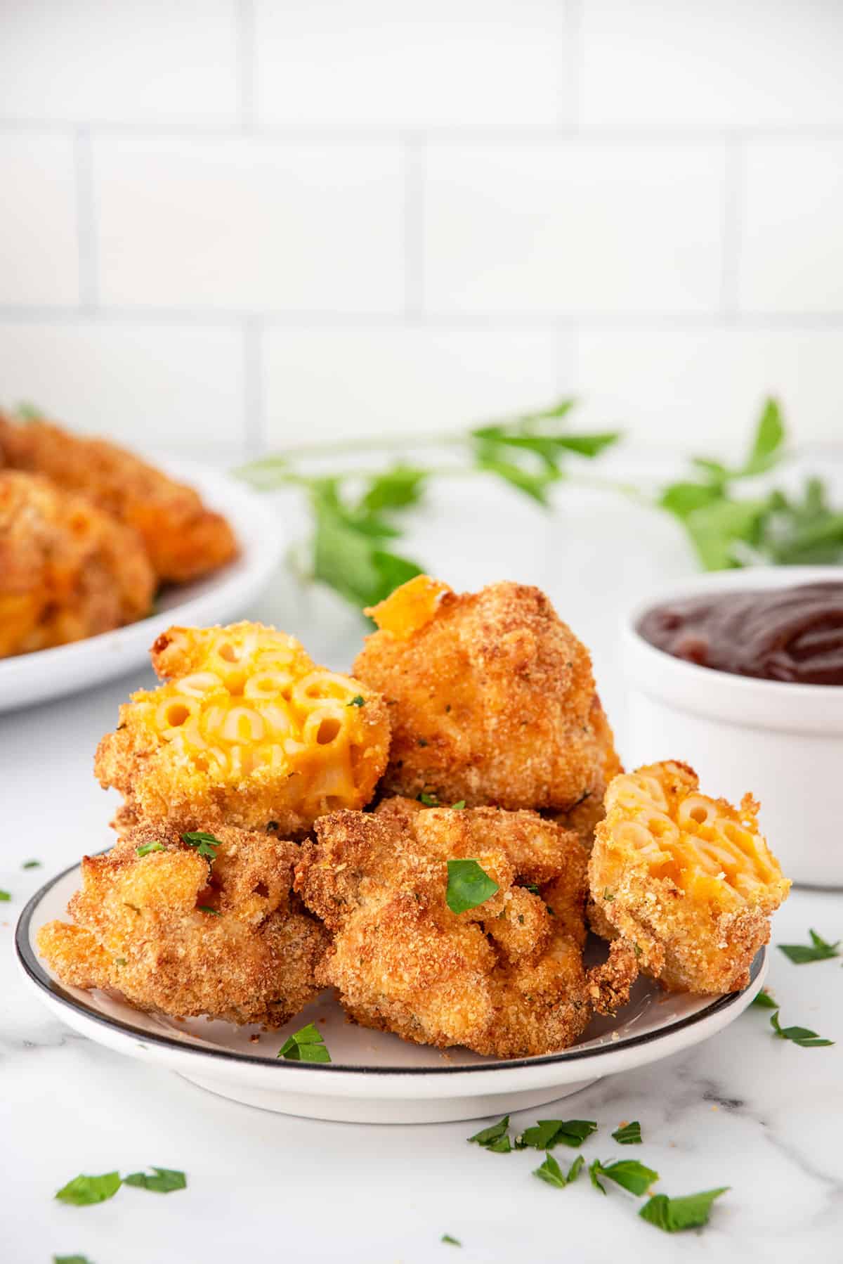 Air Fryer Mac and Cheese Balls on plate.