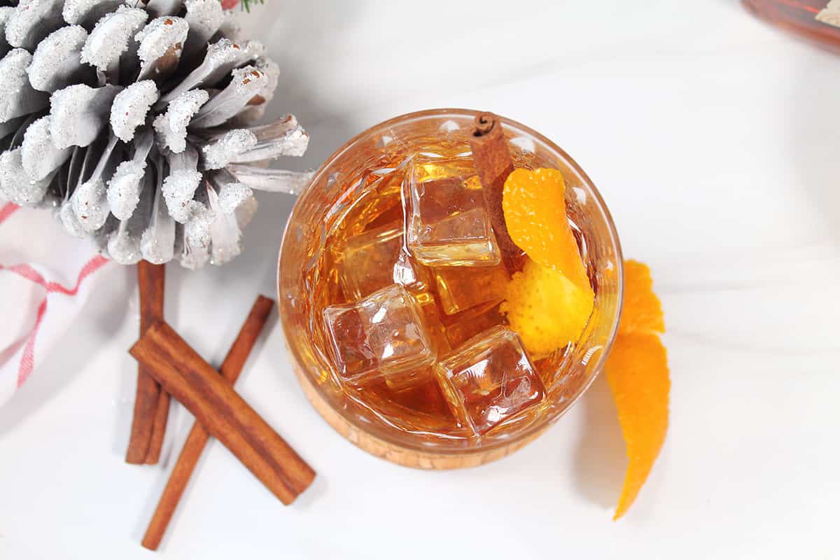 Overhead of old fashioned with simple syrup.