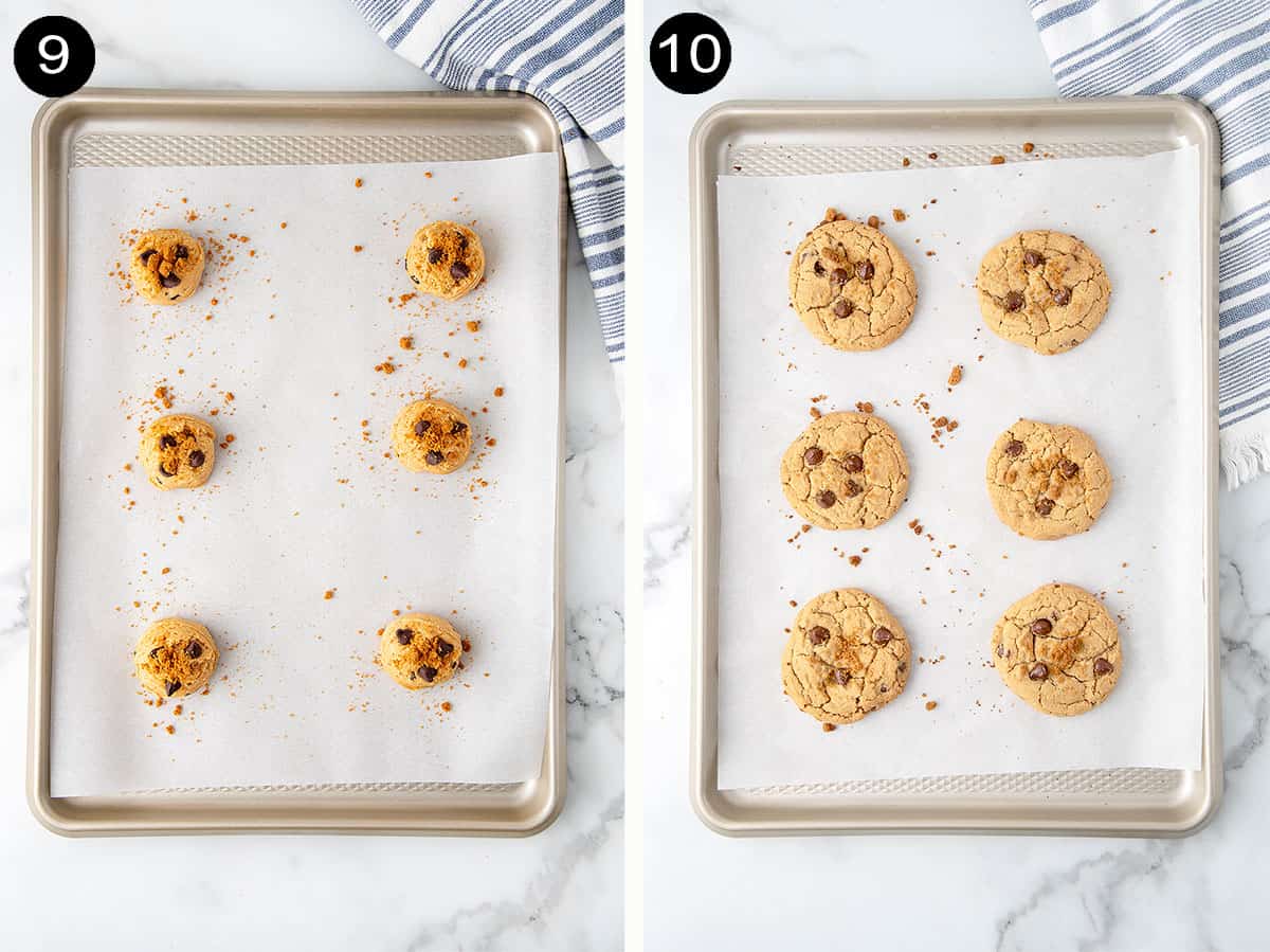 Unbaked and baked cookies on cookie sheet.