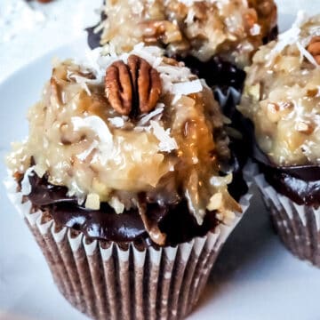 Closeup of German chocolate cupcake.