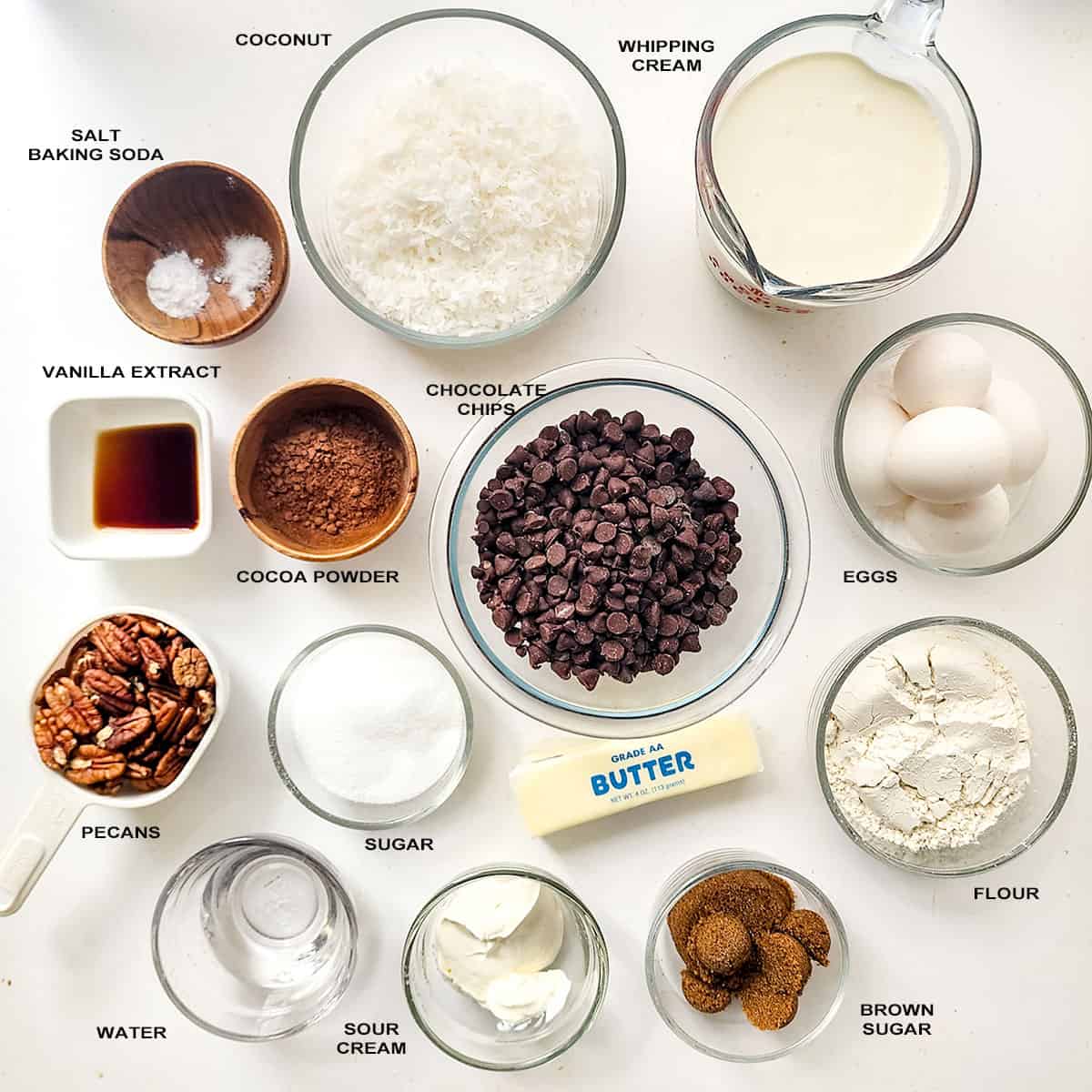 Ingredients for German chocolate cake cupcakes recipe.