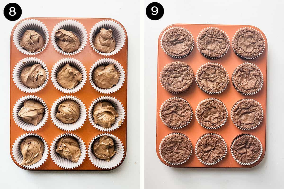 German chocolate cupcakes unbaked and baked.