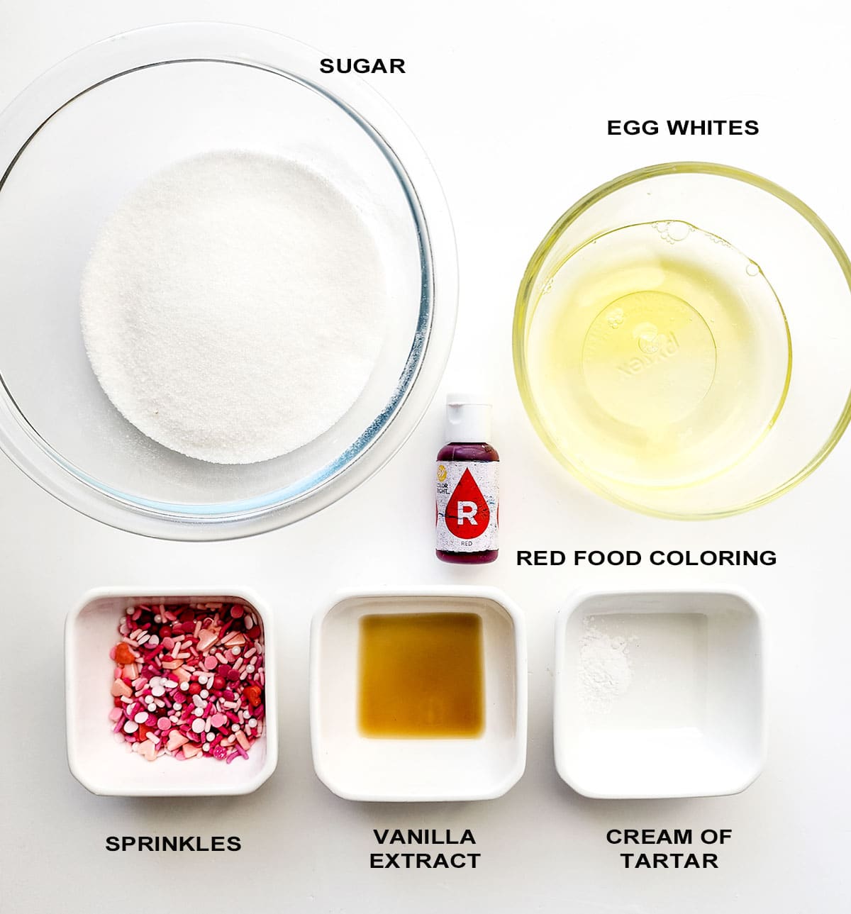 Ingredients for soft meringue cookies.
