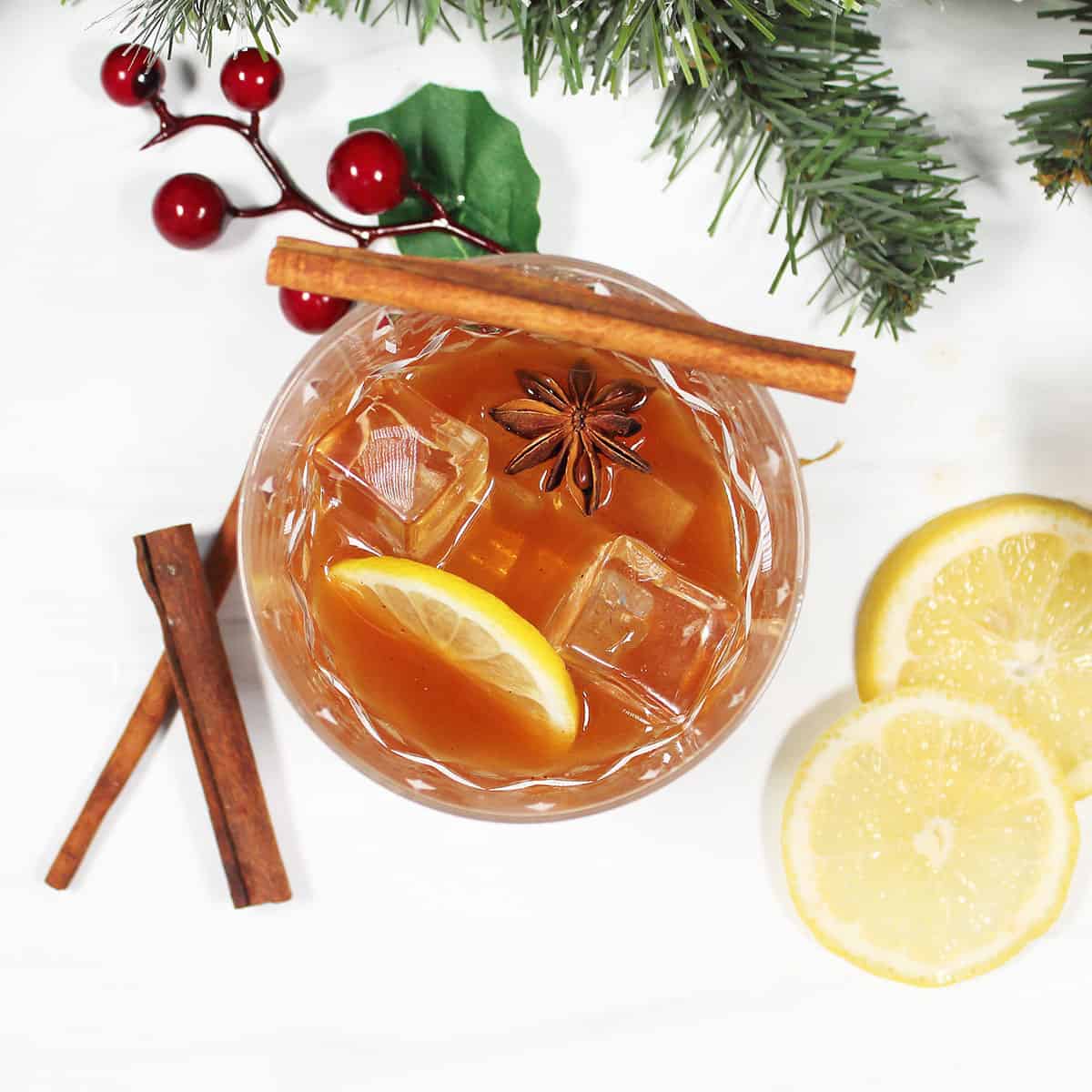 Overhead of maple syrup whiskey sour.