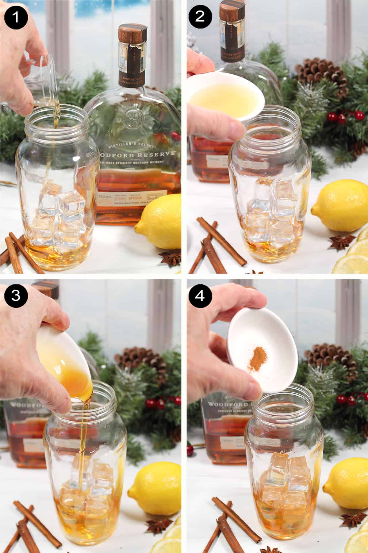 Prep steps to make maple whiskey sour.