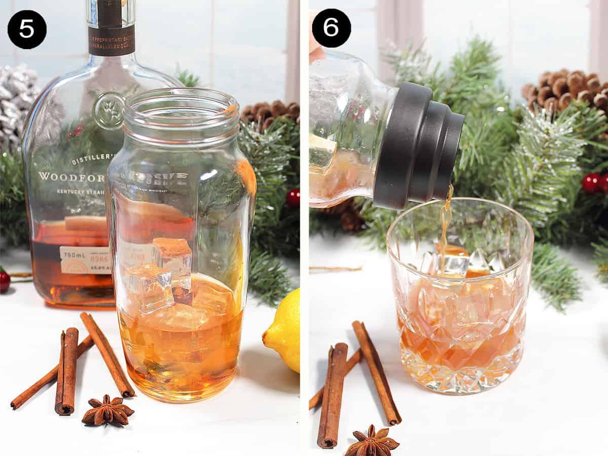 Pouring maple whiskey sour into lowball glass.