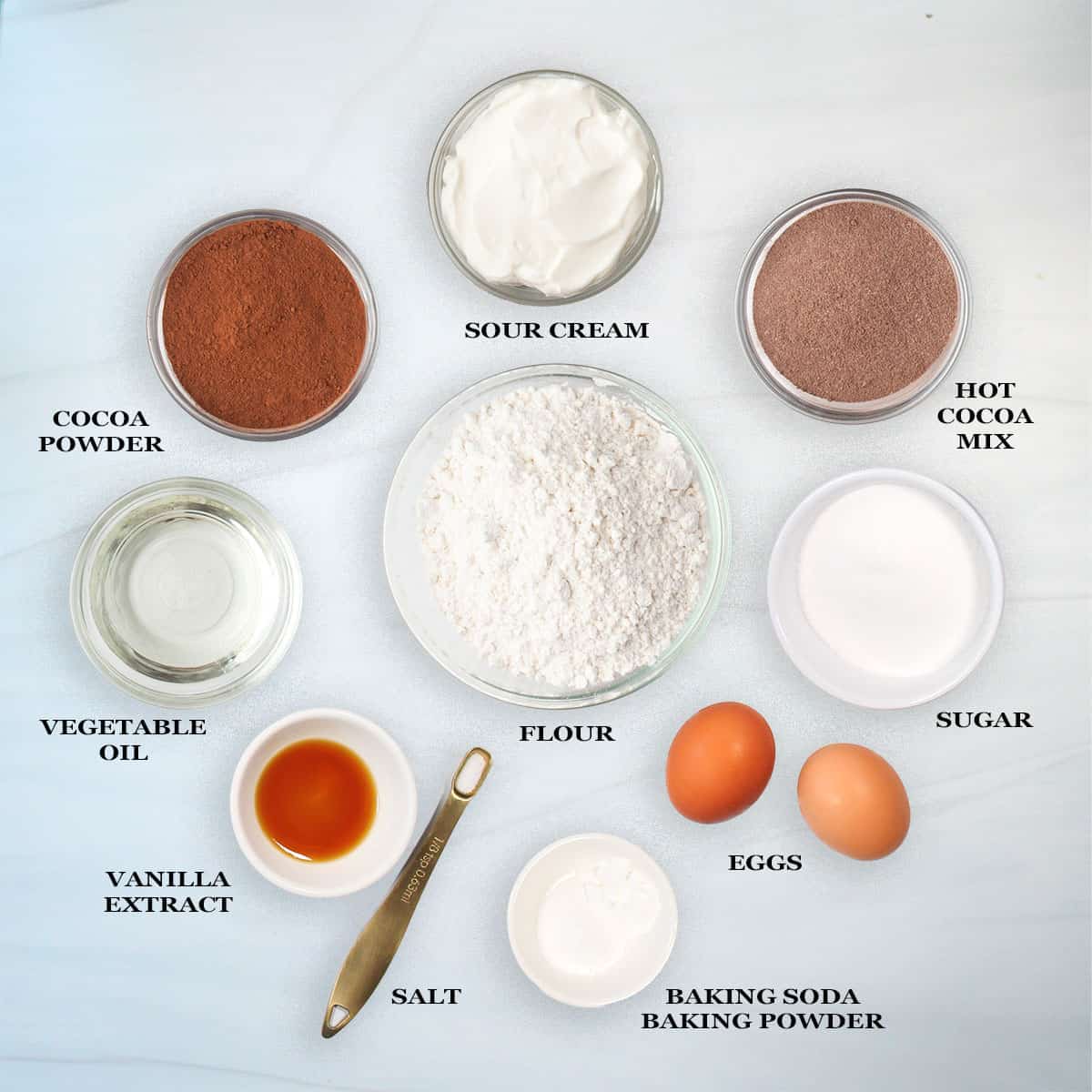 Ingredients for hot chocolate cupcakes.