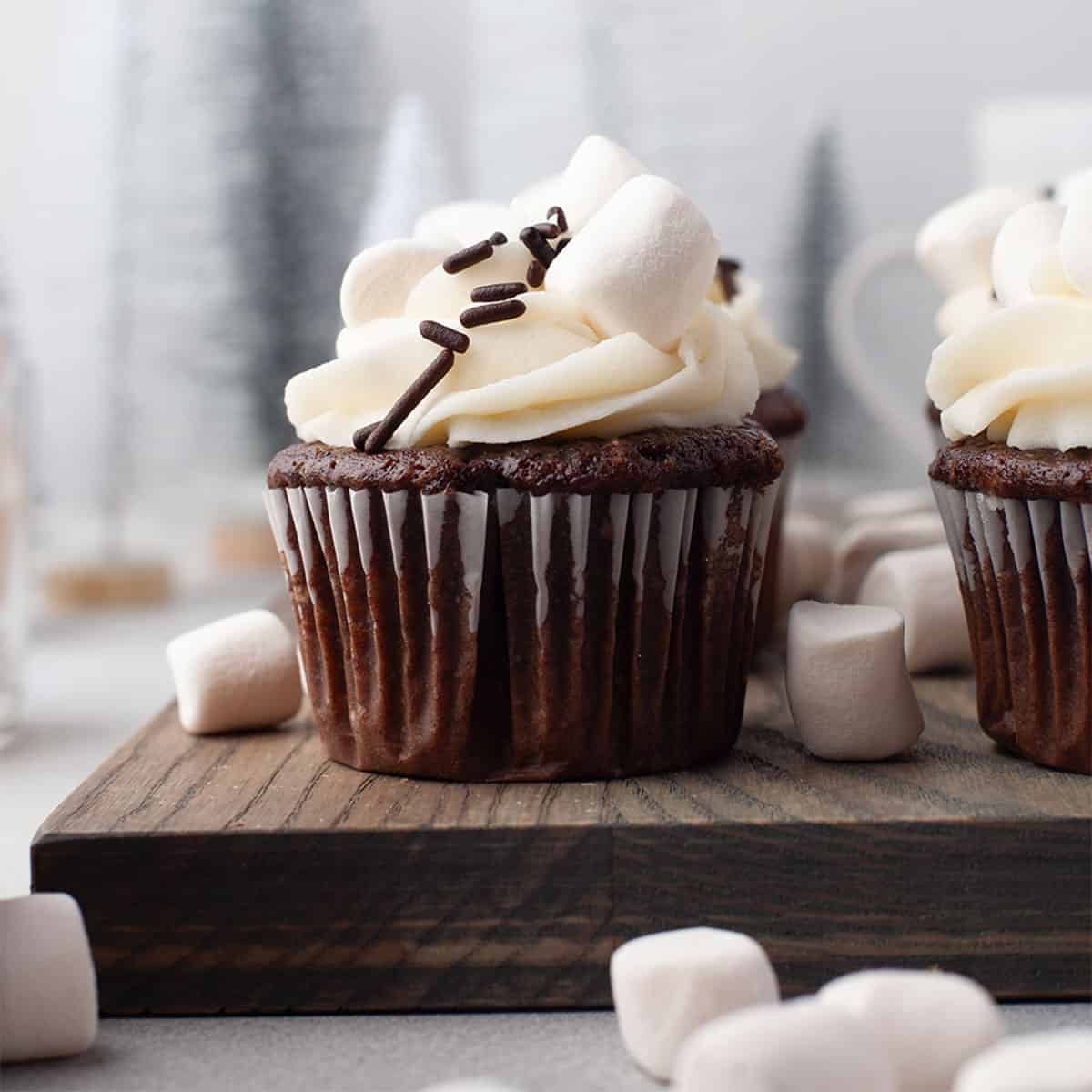 Hot chocolate cupcake, frosted with marshmallow frosting.