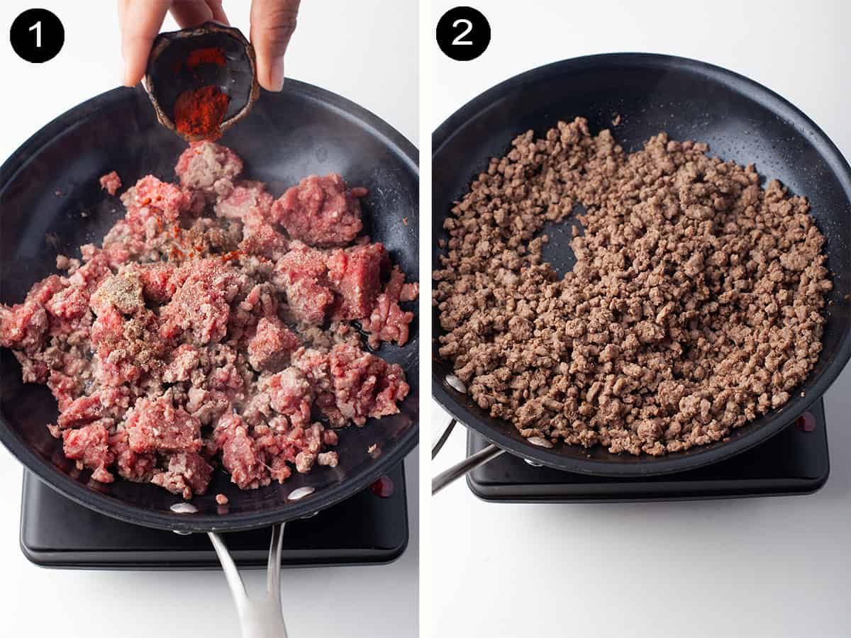 Steps to prepare beef for taco salad.