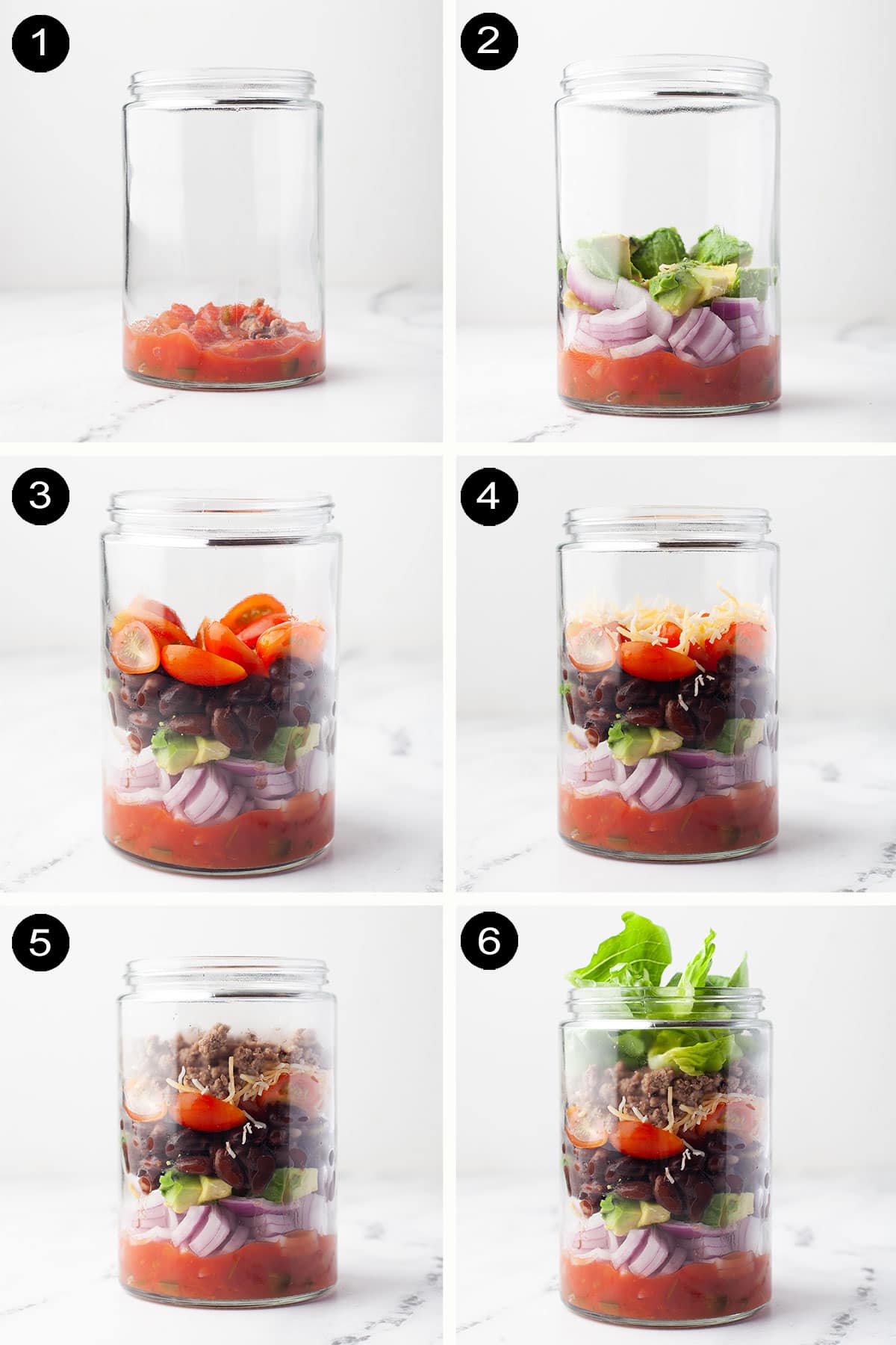 Steps to layer salad in mason jar.