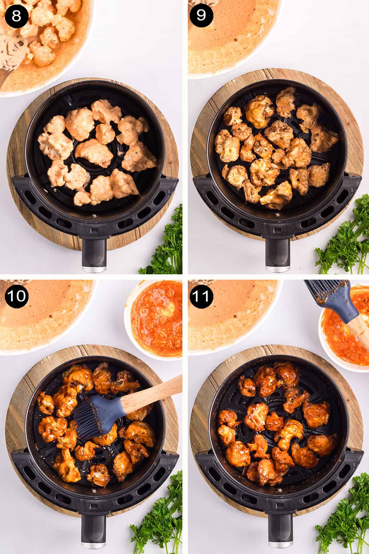 Air frying buffalo cauliflower wings steps.