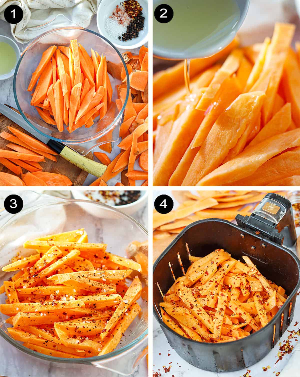 Prep steps to air fry sweet potatoes.