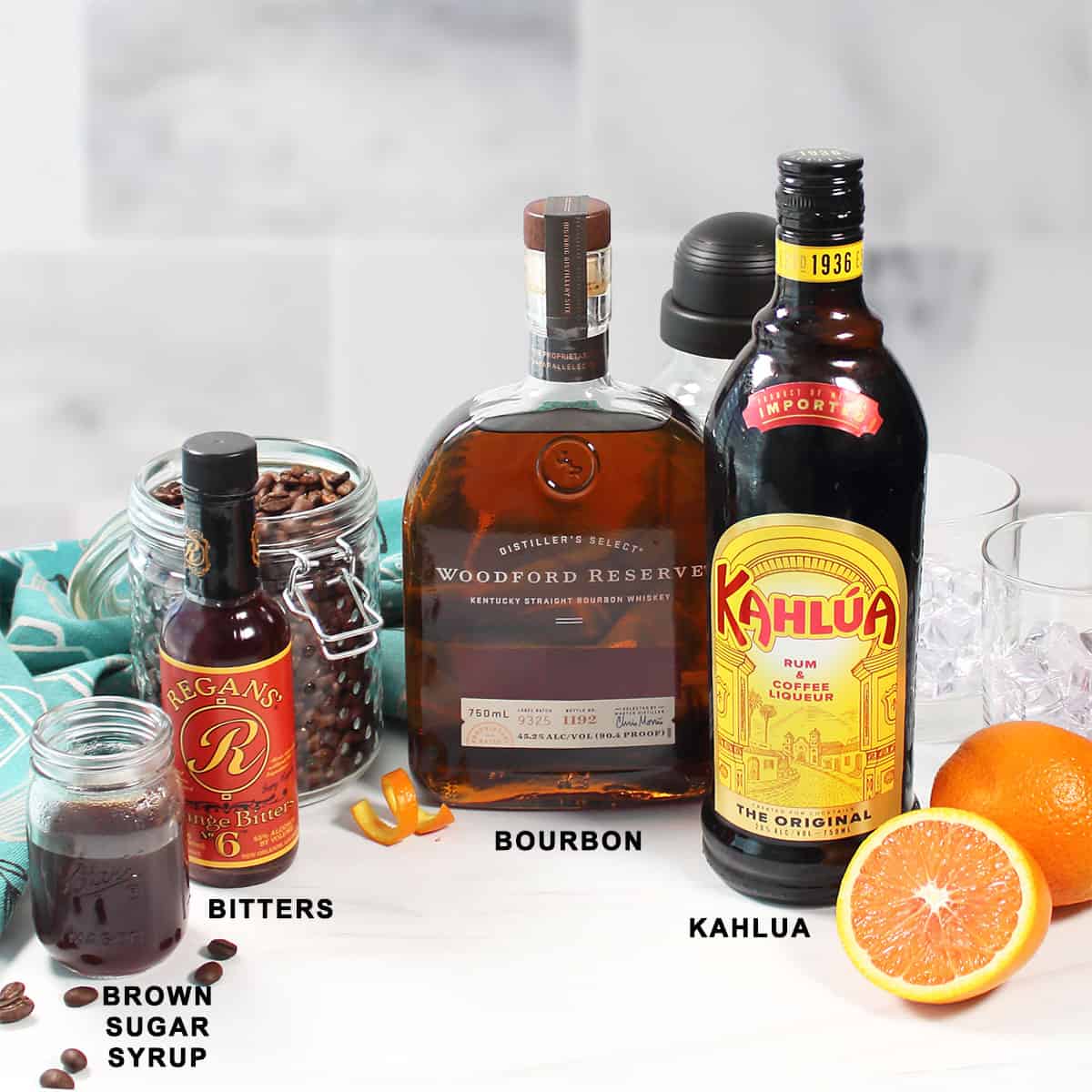 Ingredients for coffee old fashioned recipe.