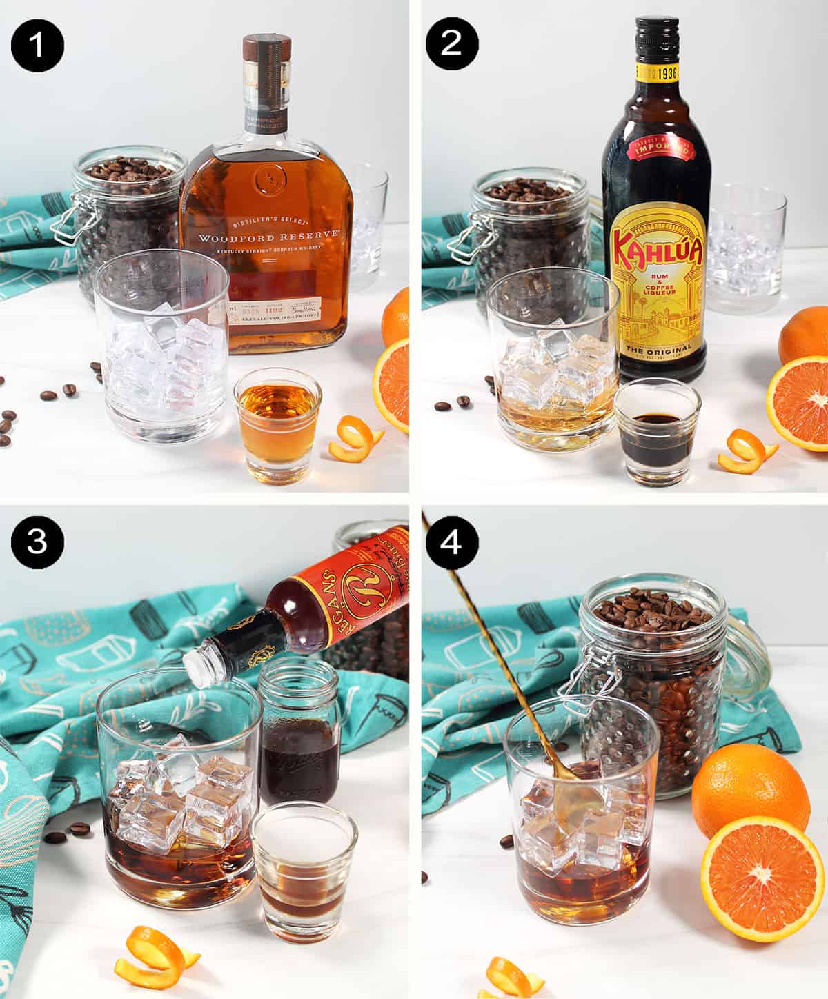 Prep steps to make a coffee old fashioned with coffee liqueur.
