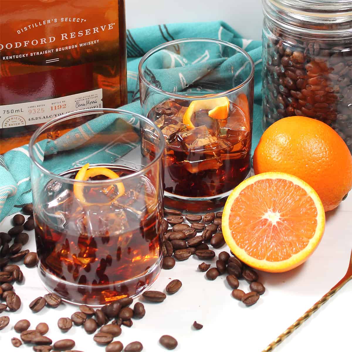 Two coffee old fashioned cocktails.