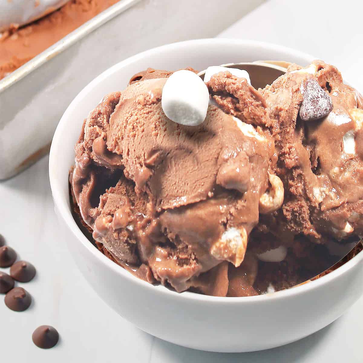 No Churn Hot Cocoa Ice Cream in white bowl.