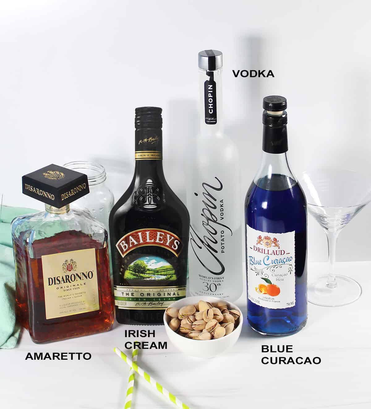 Ingredients for pistachio martini recipe.