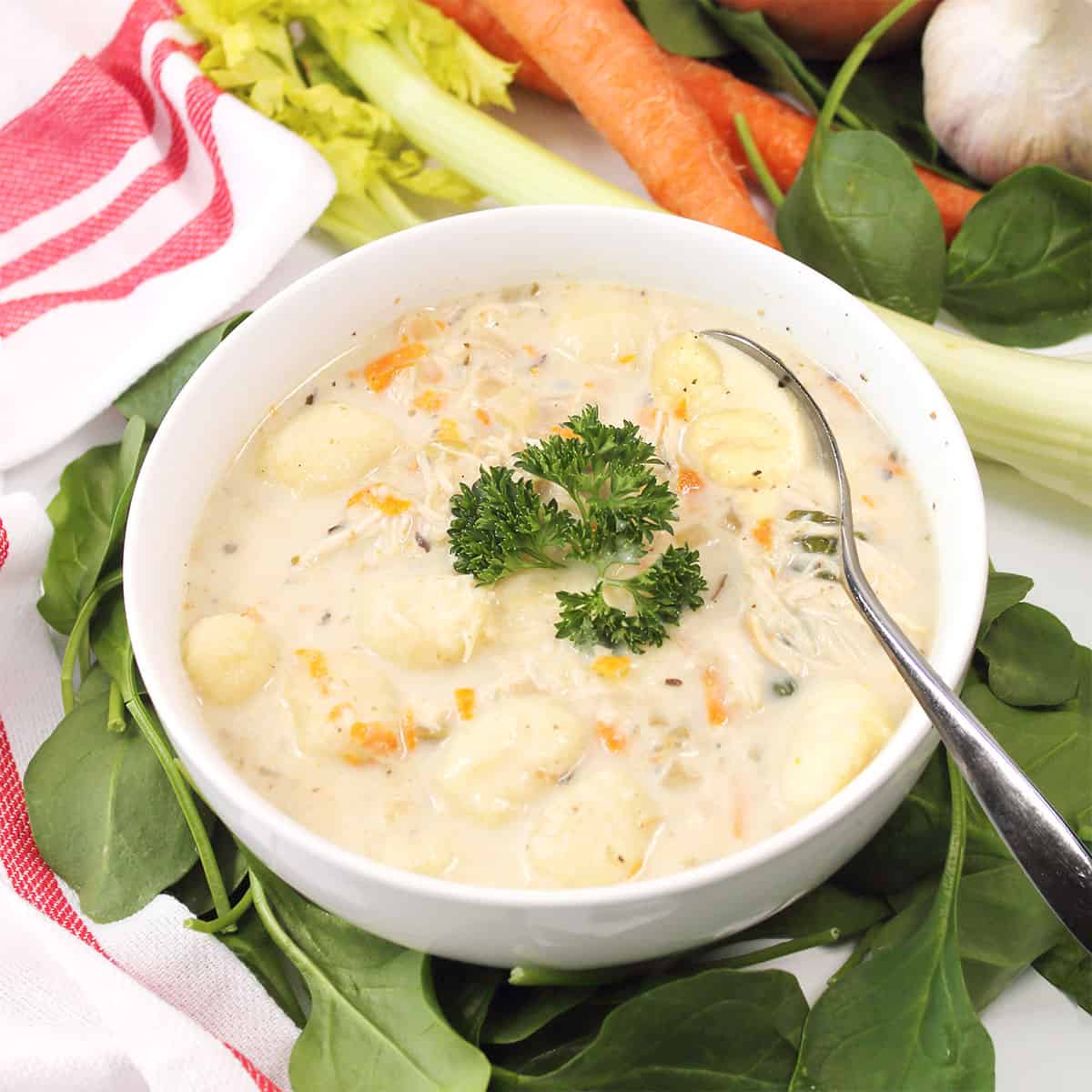 Slow Cooker Chicken Gnocchi Soup with spoon in it.