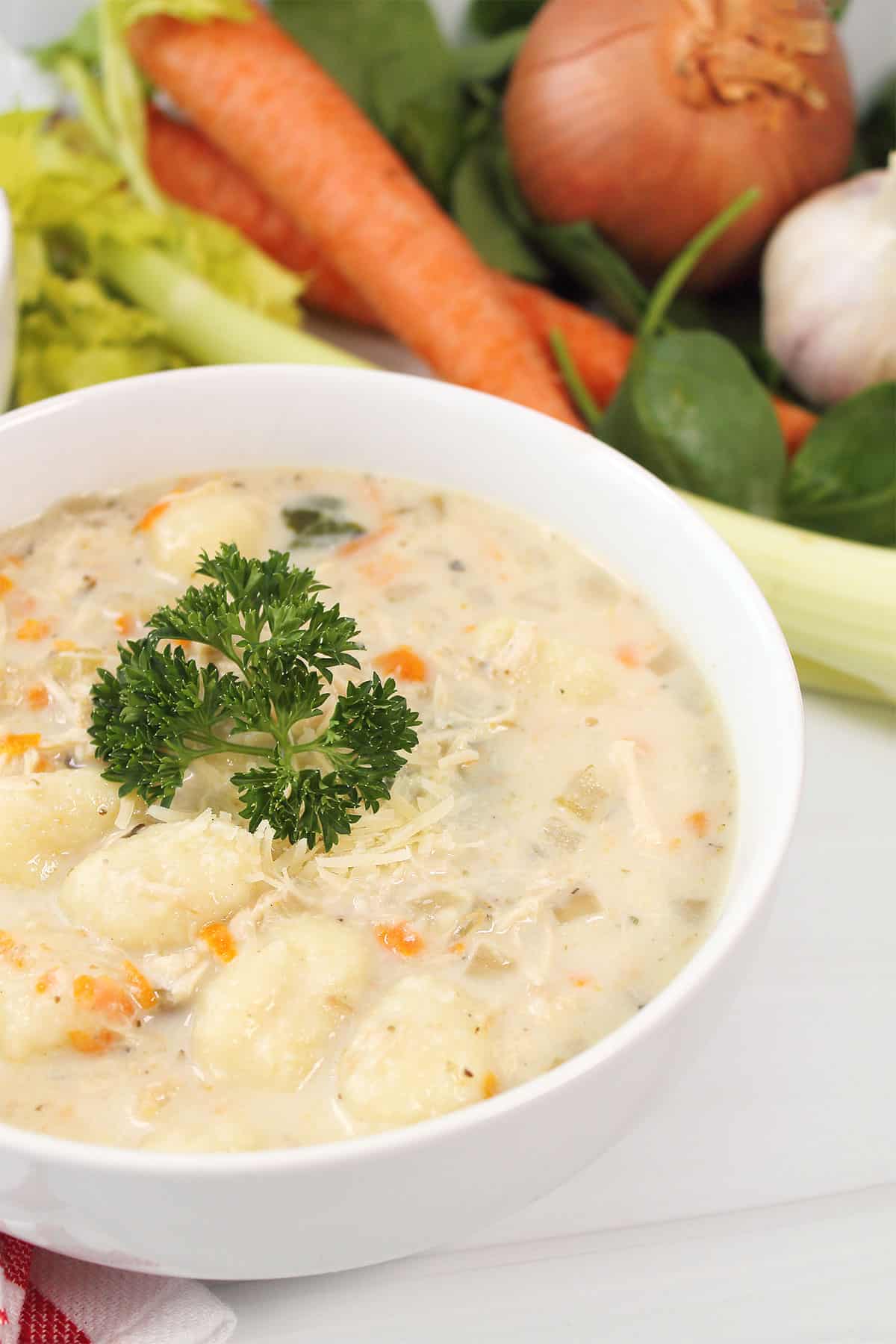 Closeup of garnished crockpot gnocchi soup with chicken in bowl.