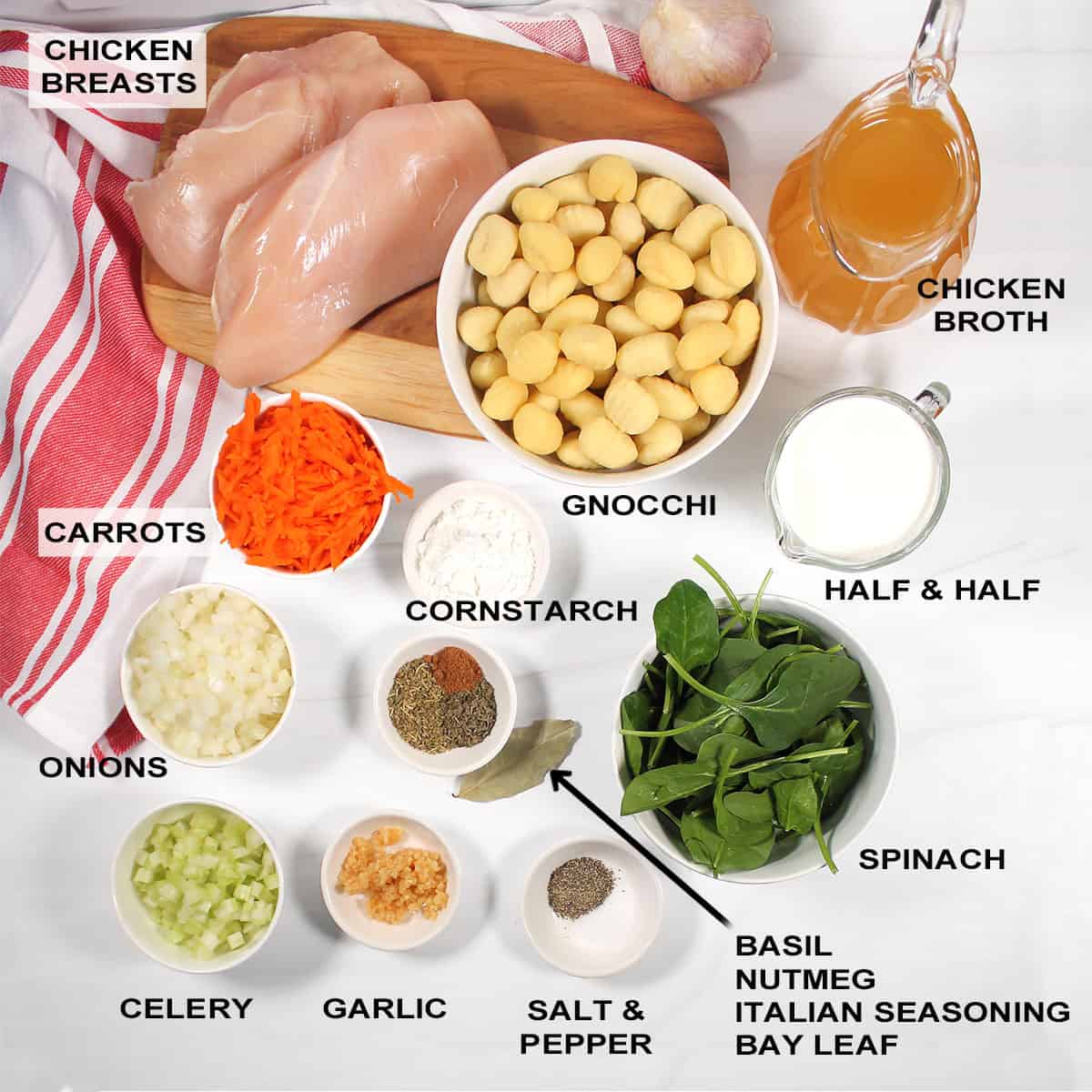 Ingredients for chicken and gnocchi soup.