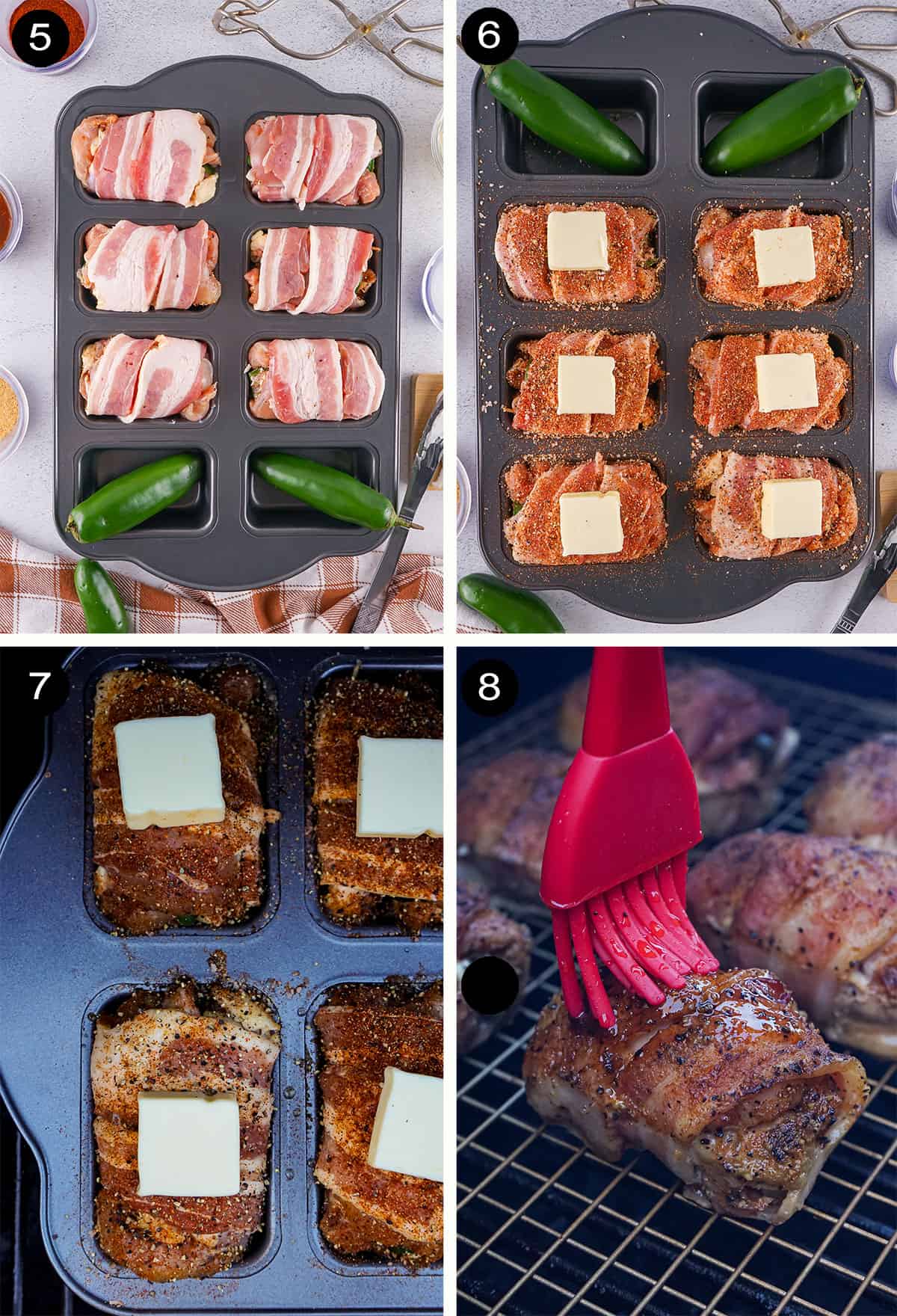 Smoking steps for bacon wrapped stuffed chicken thighs.