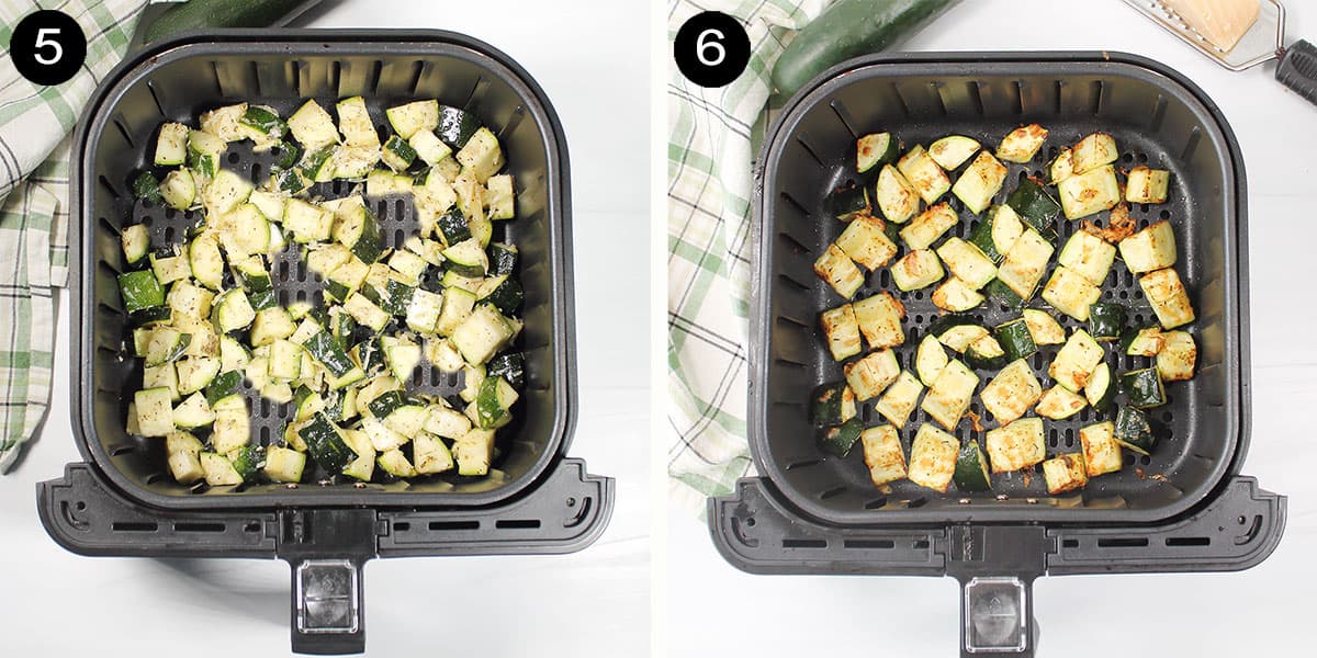 Air fryer steps for parmesan zucchini bites.