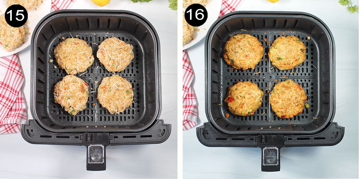 Air frying salmon patties.