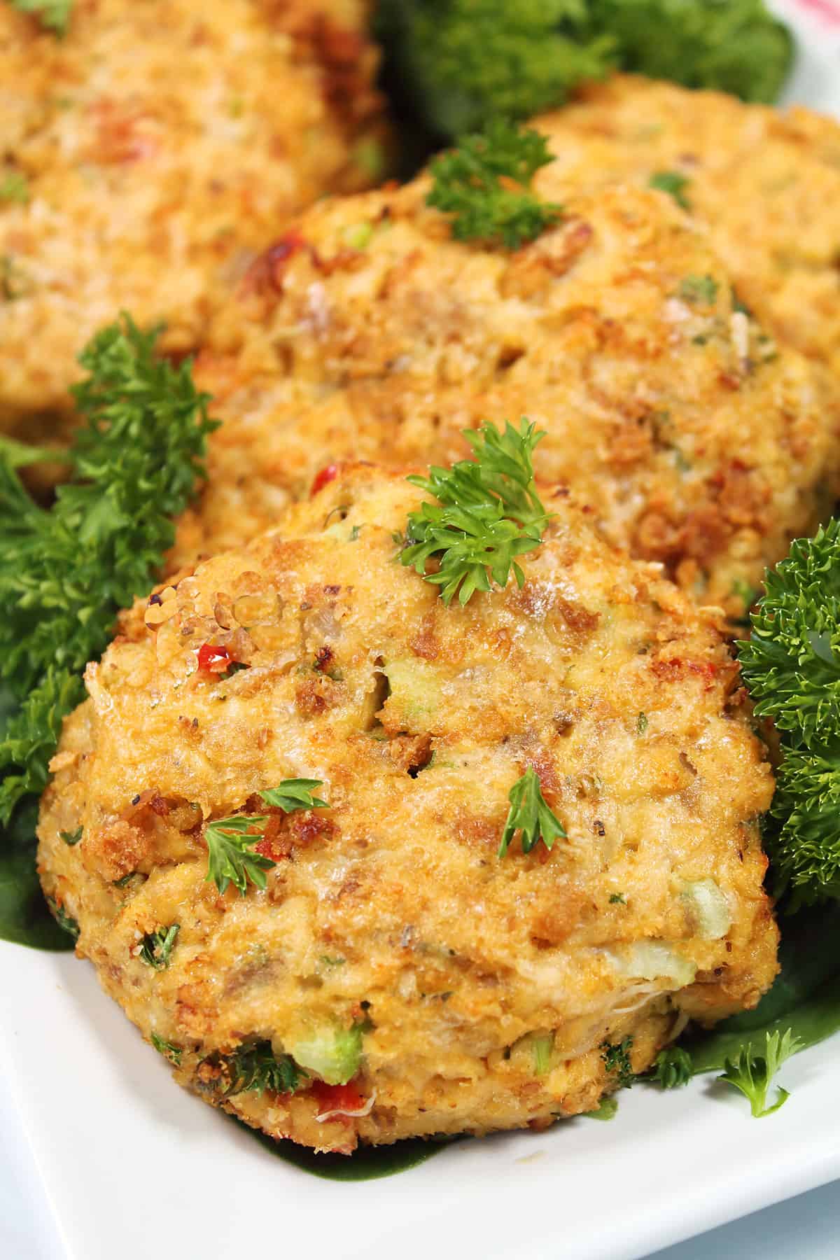 Closeup of air fried salmon cake.