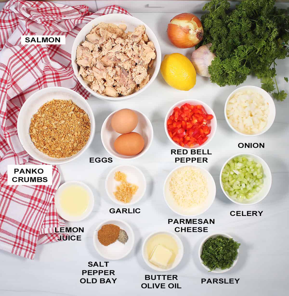 Salmon pattie recipe ingredients.
