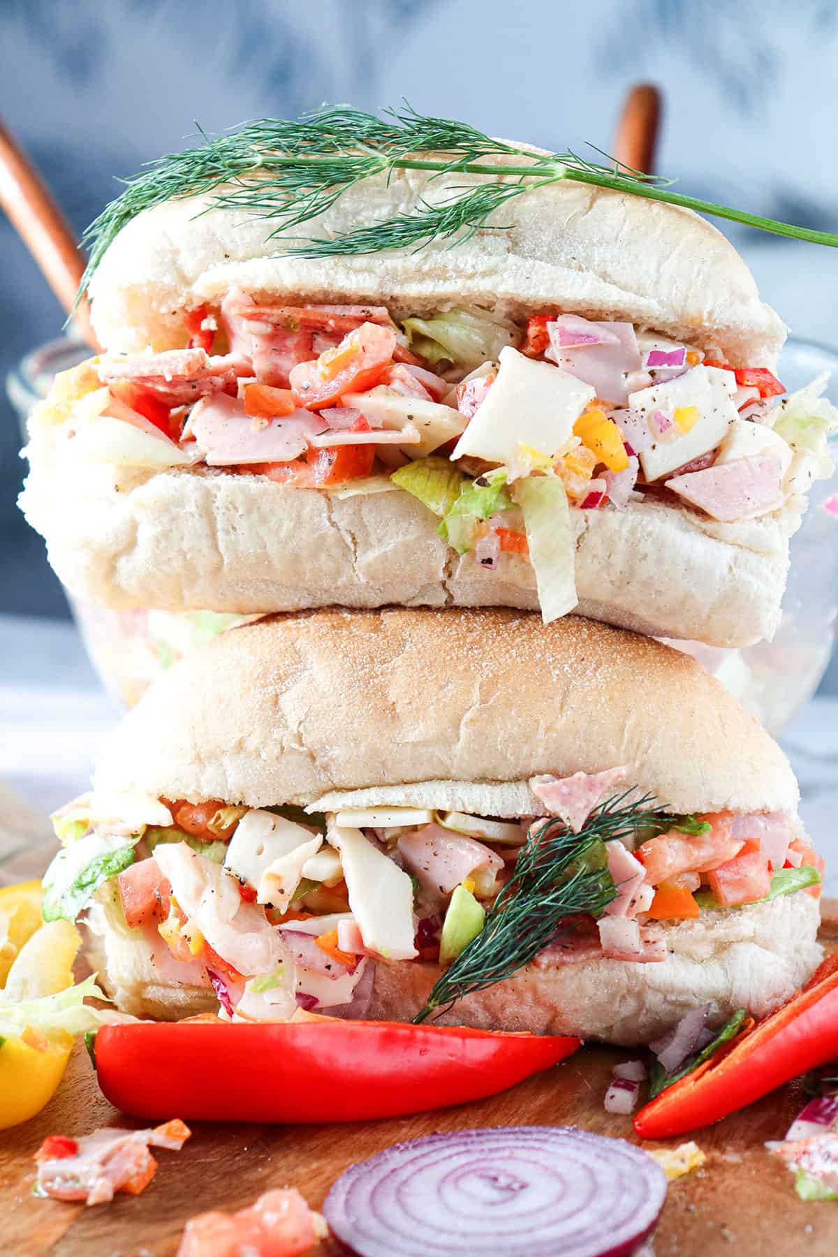 Stacked chopped Italian subs.