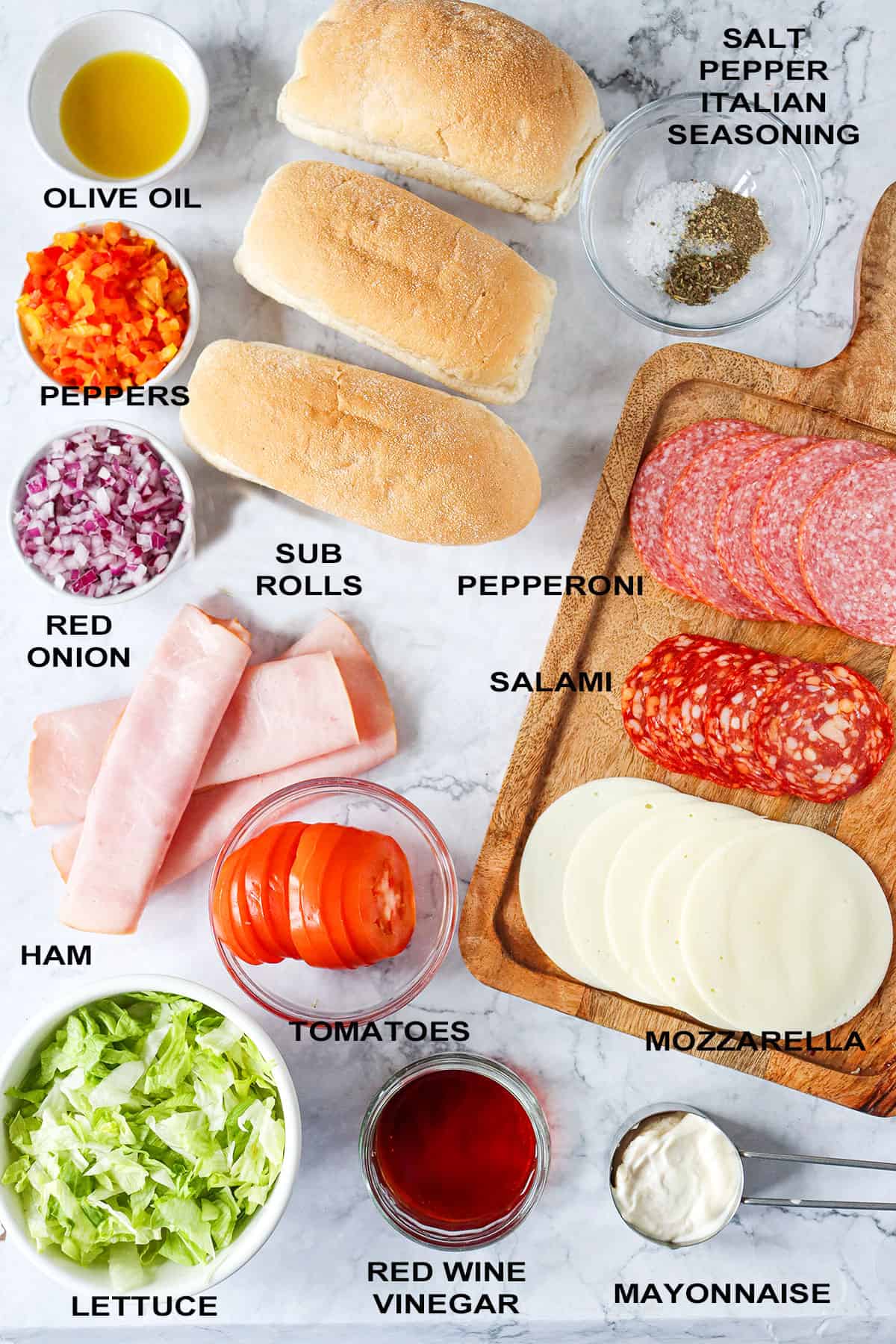 Labeled ingredients for chopped Italian sub.