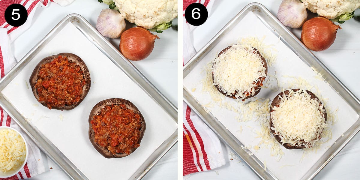 Steps to assemble baked portobello mushrooms.