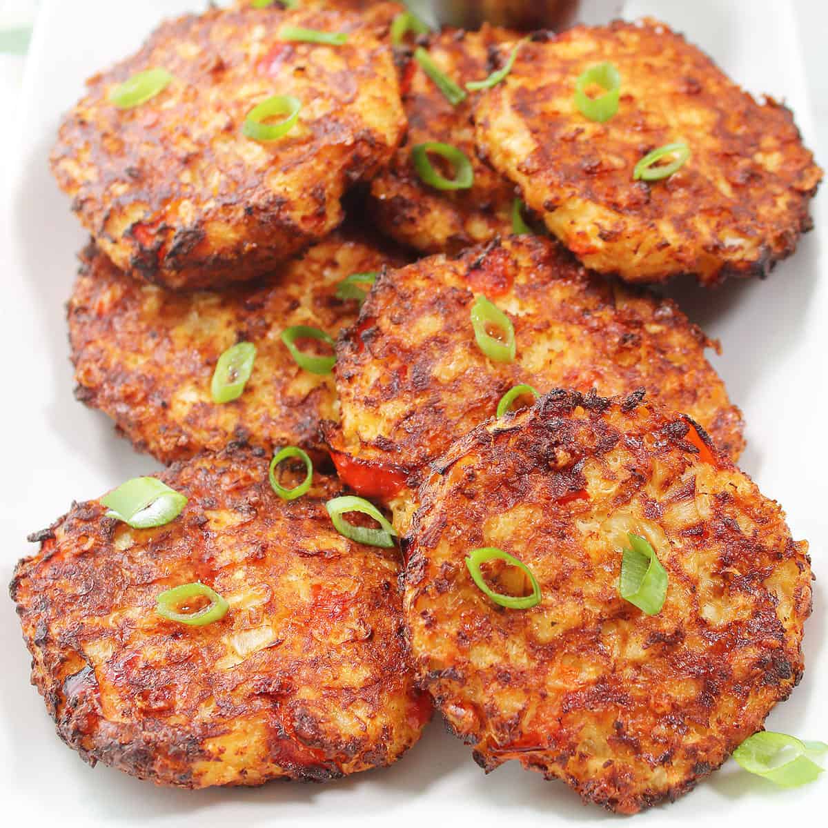 Close up of air fryer cauliflower hash browns.